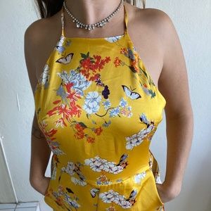 Satin halter scrappy floral jumpsuit